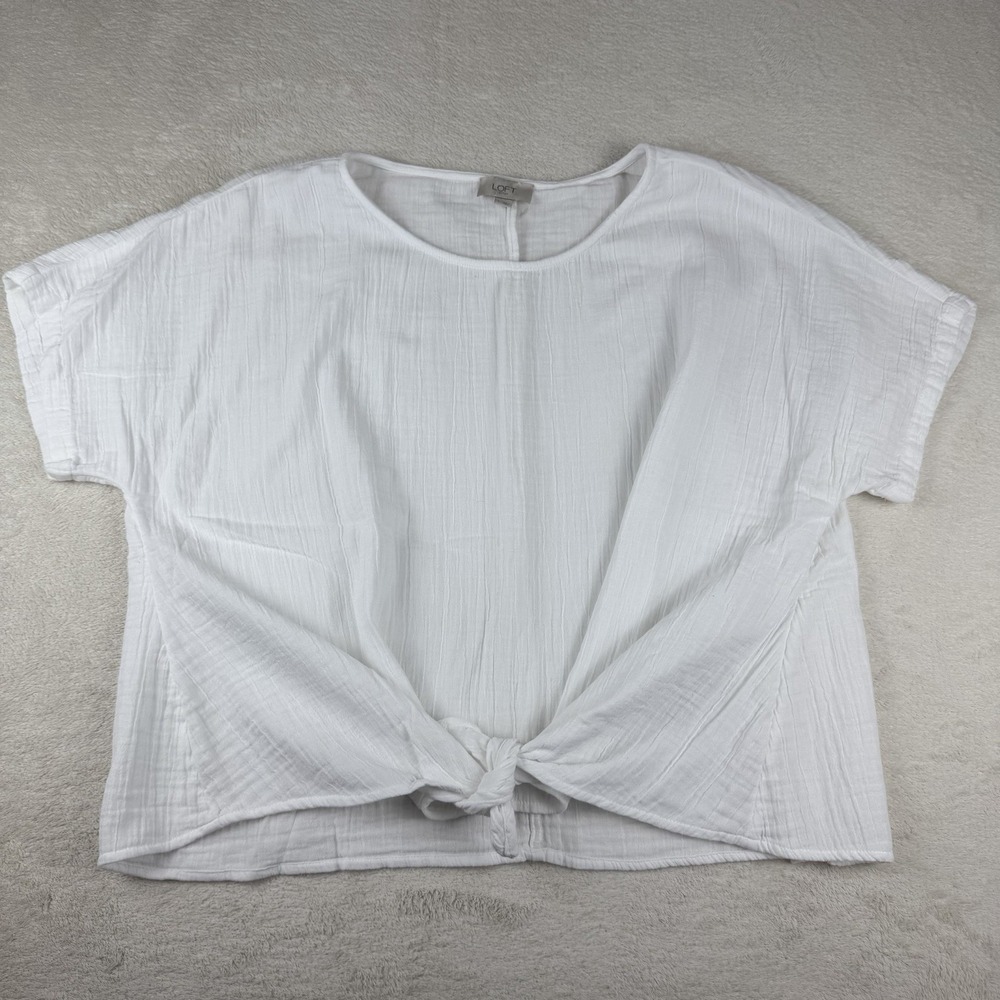 Loft Women's Gauze Tie Front Short Sleeve‎ Blouse White Size Large Casual